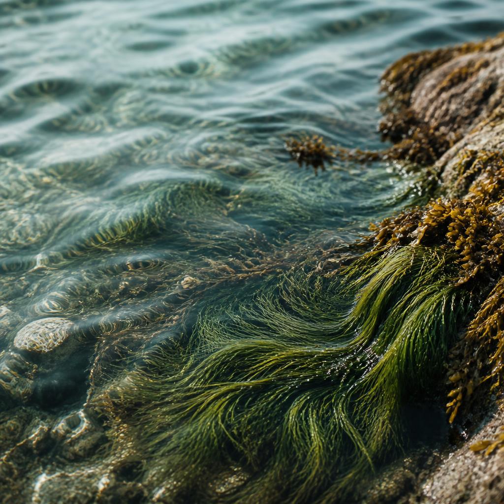 Zeewier en helder zeewater aan de kust van Bretagne — bron van Thalion mariene cosmetica